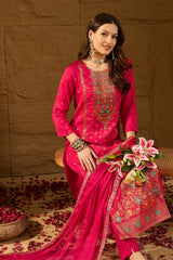 Pink Silk Floral Woven Design Straight Kurta Trousers With Dupatta HOPPKSKD2844