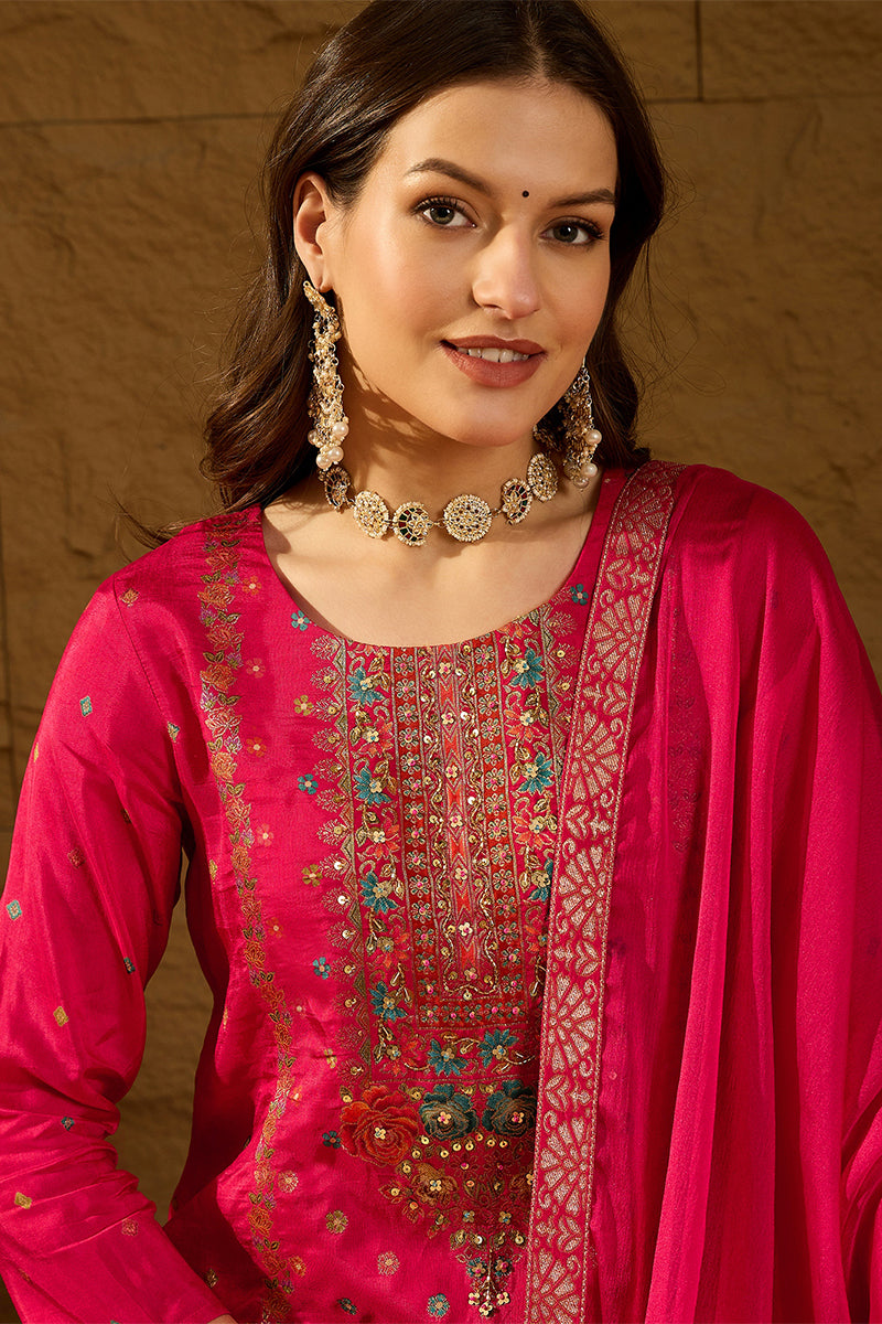 Pink Silk Floral Woven Design Straight Kurta Trousers With Dupatta HOP