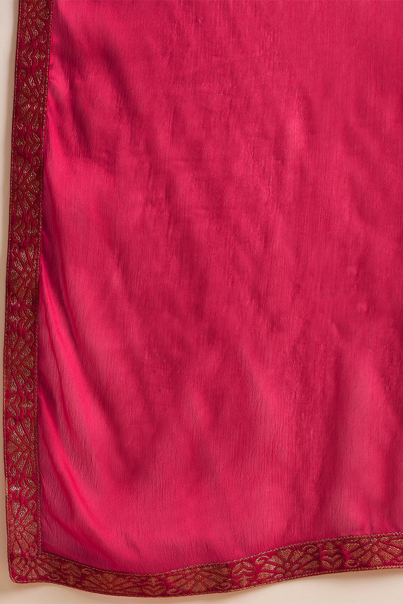 Pink Silk Floral Woven Design Straight Kurta Trousers With Dupatta HOP