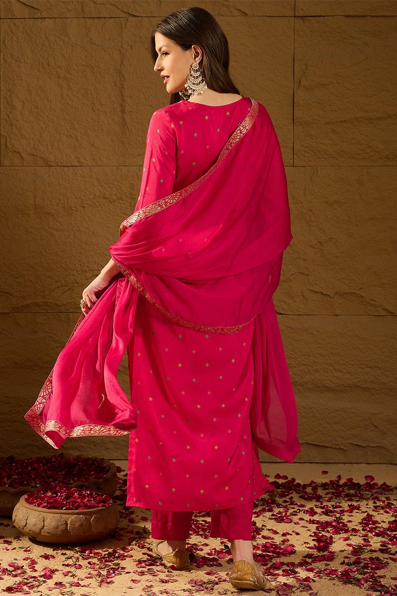 Pink Silk Floral Woven Design Straight Kurta Trousers With Dupatta HOP