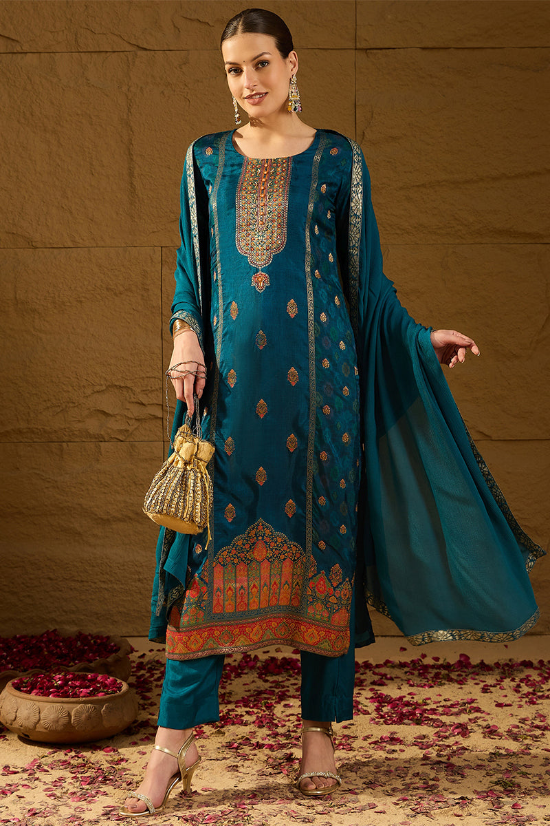 Blue Pure Silk Floral Woven Design Straight Suit Sets HOPPKSKD2845 | D