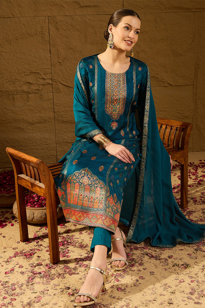 Blue Pure Silk Floral Woven Design Straight Suit Sets HOPPKSKD2845 | D