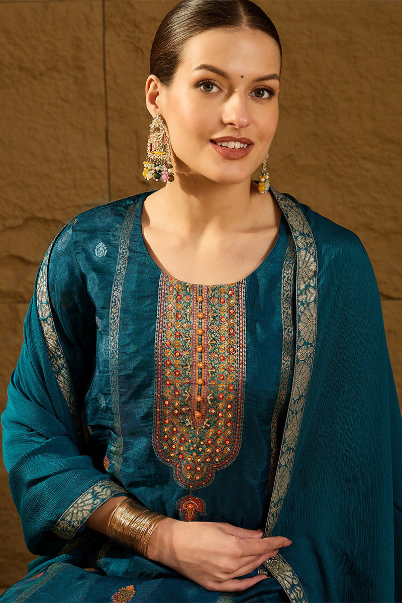 Blue Pure Silk Floral Woven Design Straight Suit Sets HOPPKSKD2845 | D