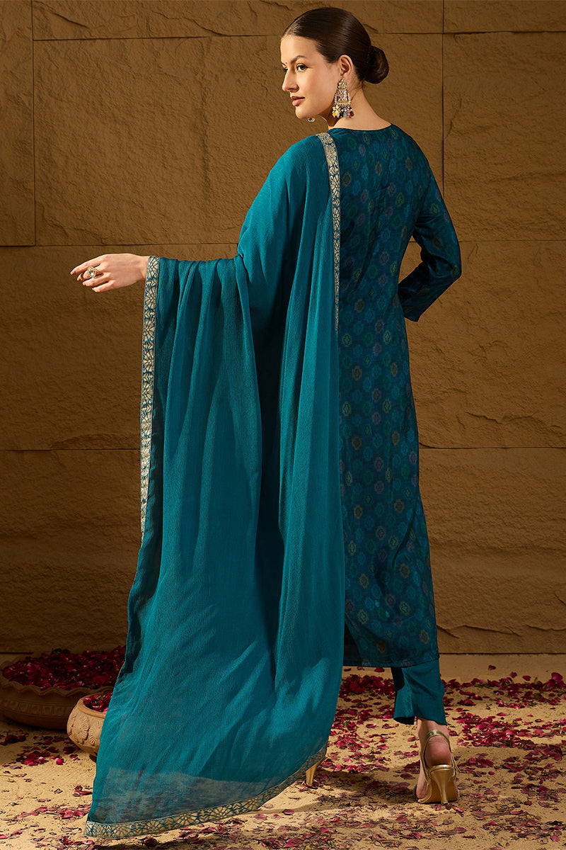 Blue Pure Silk Floral Woven Design Straight Suit Sets HOPPKSKD2845 | D