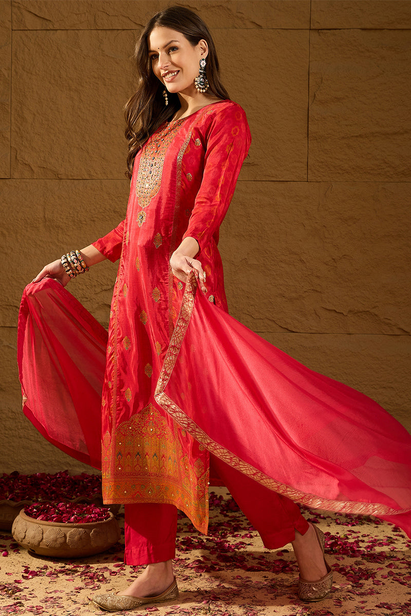 Red Pure Silk Ethnic Motifs Woven Design Straight Suit Sets HOPPKSKD28