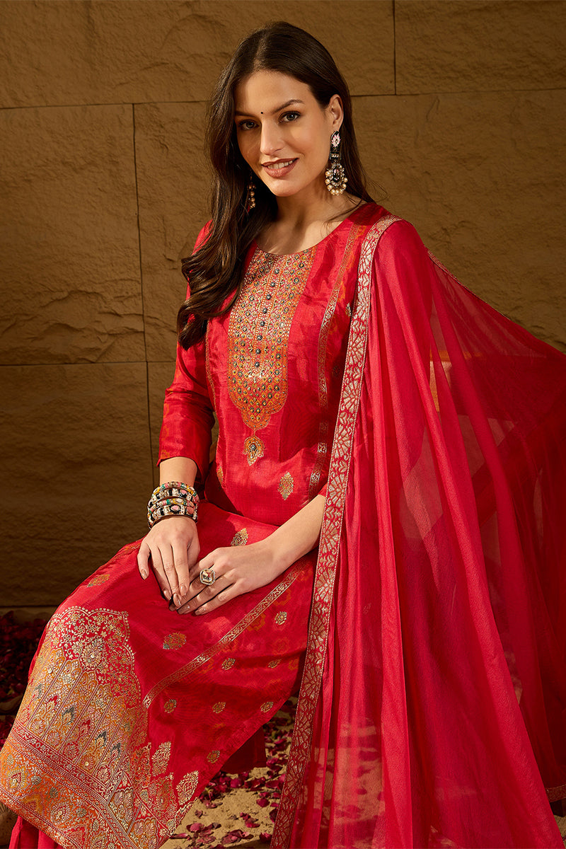 Red Pure Silk Ethnic Motifs Woven Design Straight Suit Sets HOPPKSKD28