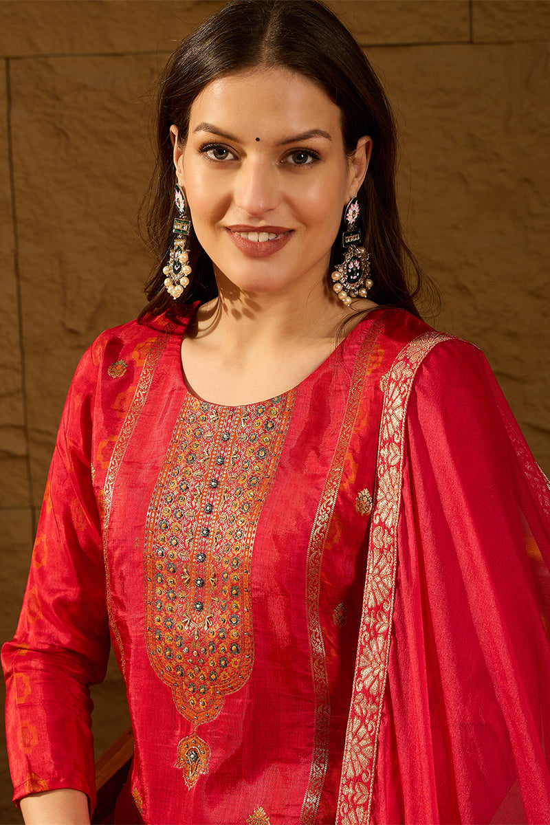 Red Pure Silk Ethnic Motifs Woven Design Straight Suit Sets HOPPKSKD28