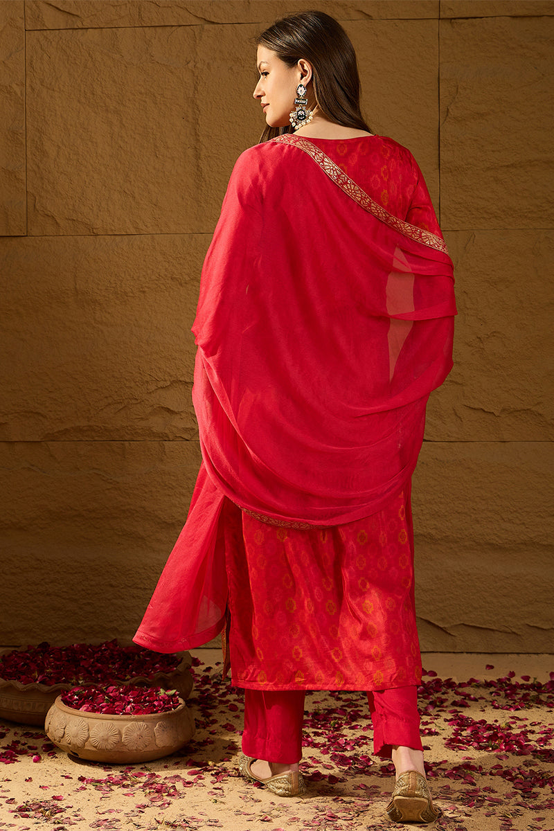 Red Pure Silk Ethnic Motifs Woven Design Straight Suit Sets HOPPKSKD28