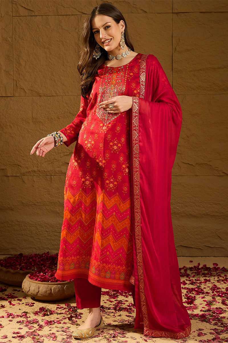Red Silk Ethnic Motifs Woven Design Straight Kurta Trousers With Dupat