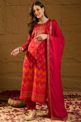 Red Silk Ethnic Motifs Woven Design Straight Kurta Trousers With Dupatta HOPPKSKD2847