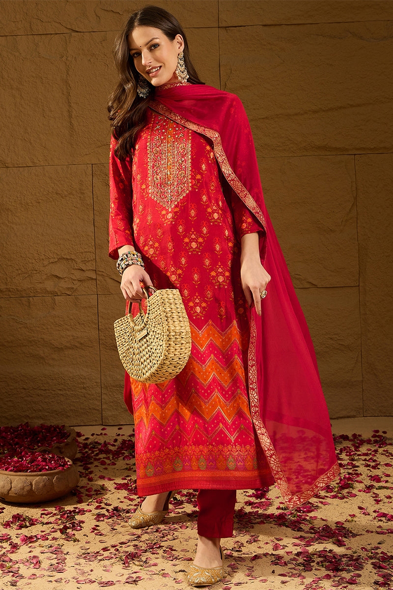 Red Silk Ethnic Motifs Woven Design Straight Kurta Trousers With Dupat