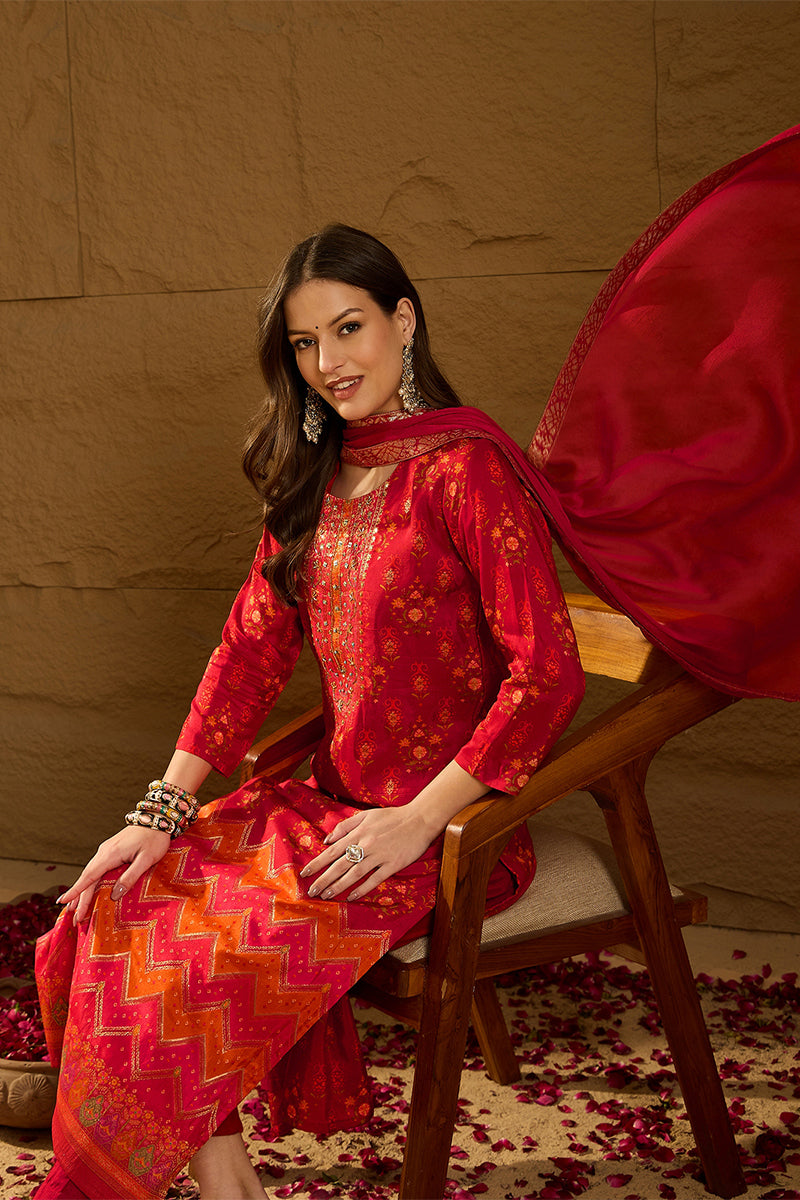 Red Silk Ethnic Motifs Woven Design Straight Kurta Trousers With Dupat