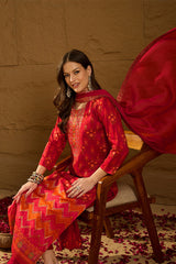 Red Silk Ethnic Motifs Woven Design Straight Kurta Trousers With Dupatta HOPPKSKD2847