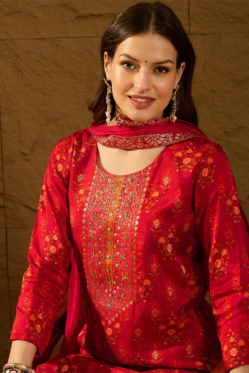 Red Silk Ethnic Motifs Woven Design Straight Kurta Trousers With Dupat