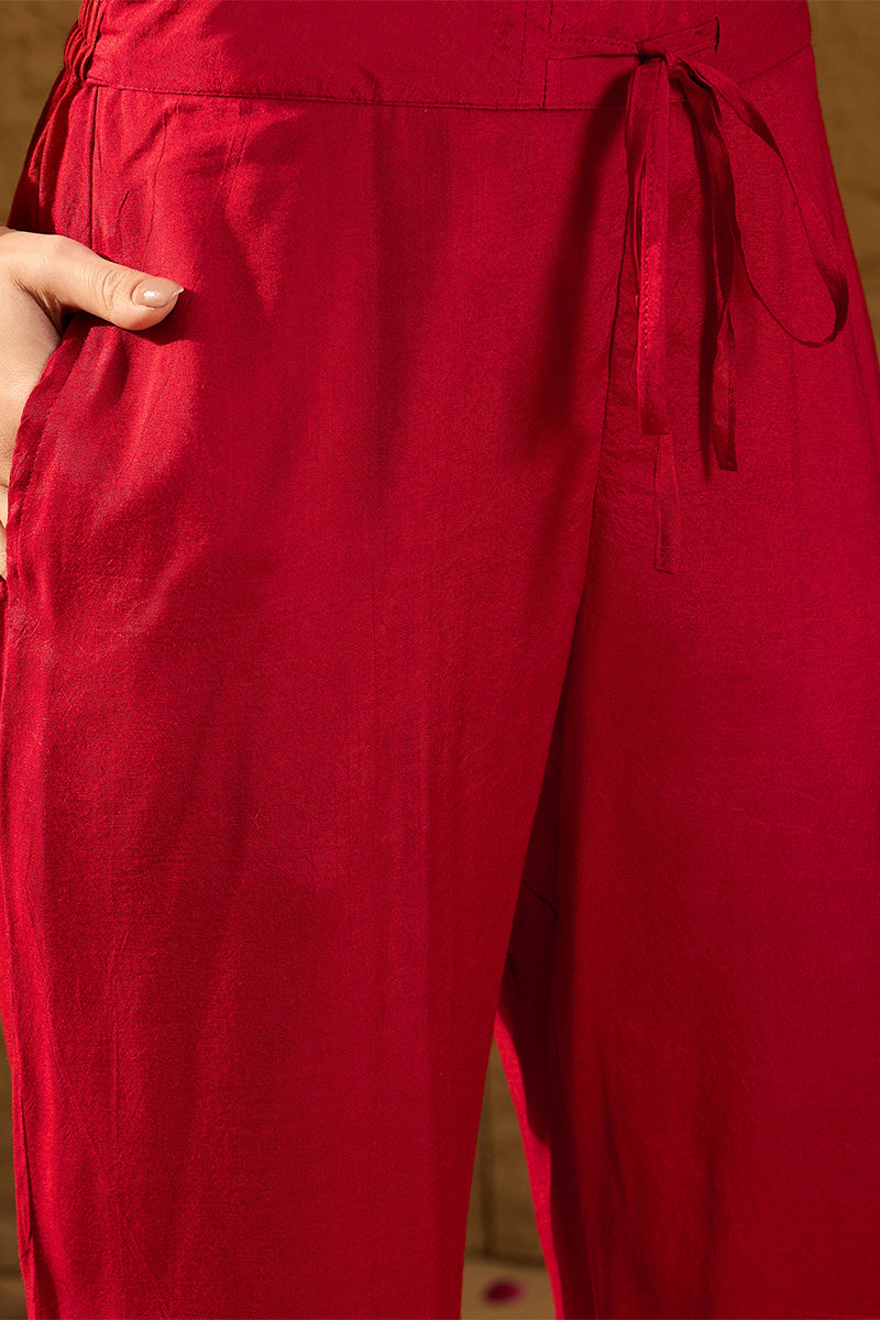Red Silk Ethnic Motifs Woven Design Straight Kurta Trousers With Dupat