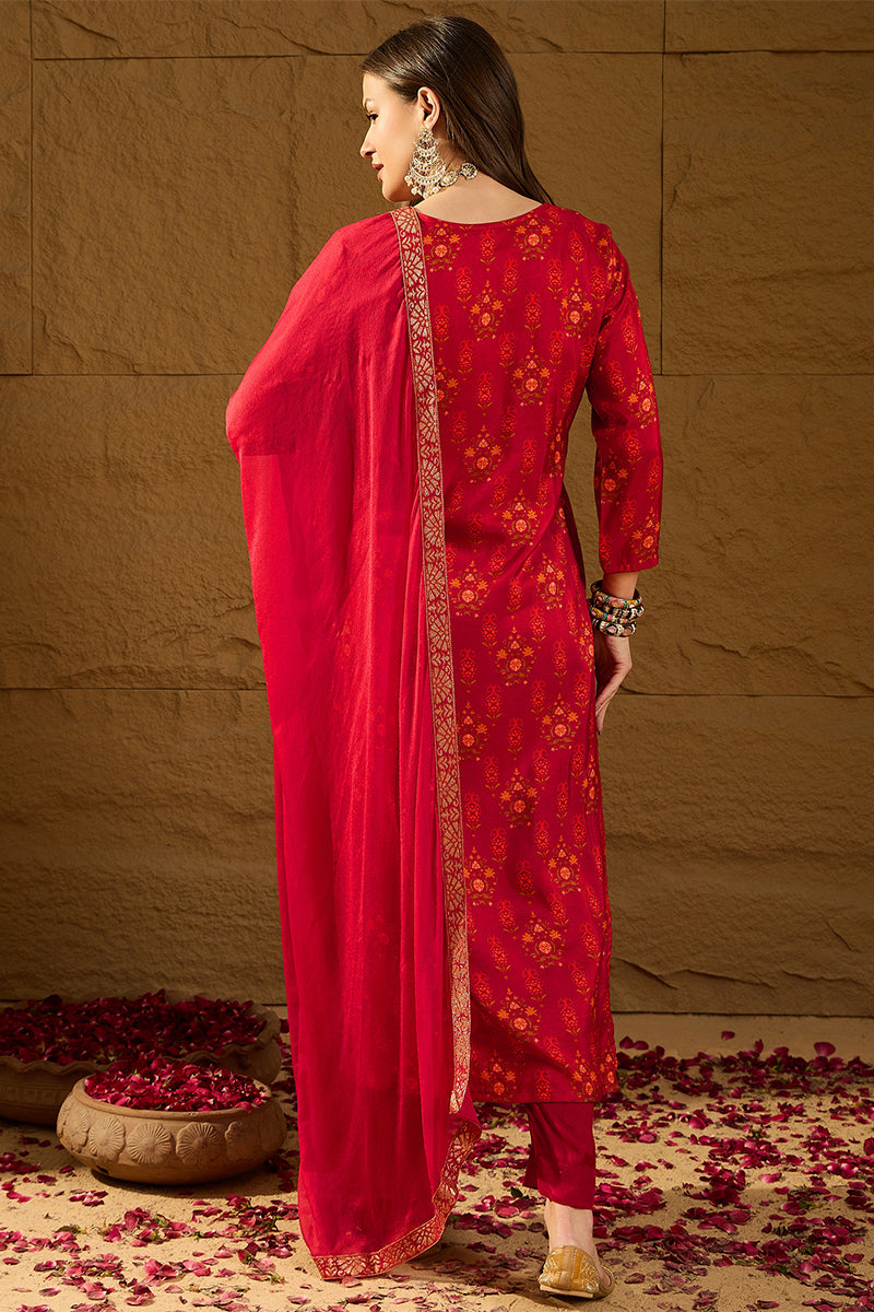 Red Silk Ethnic Motifs Woven Design Straight Kurta Trousers With Dupat