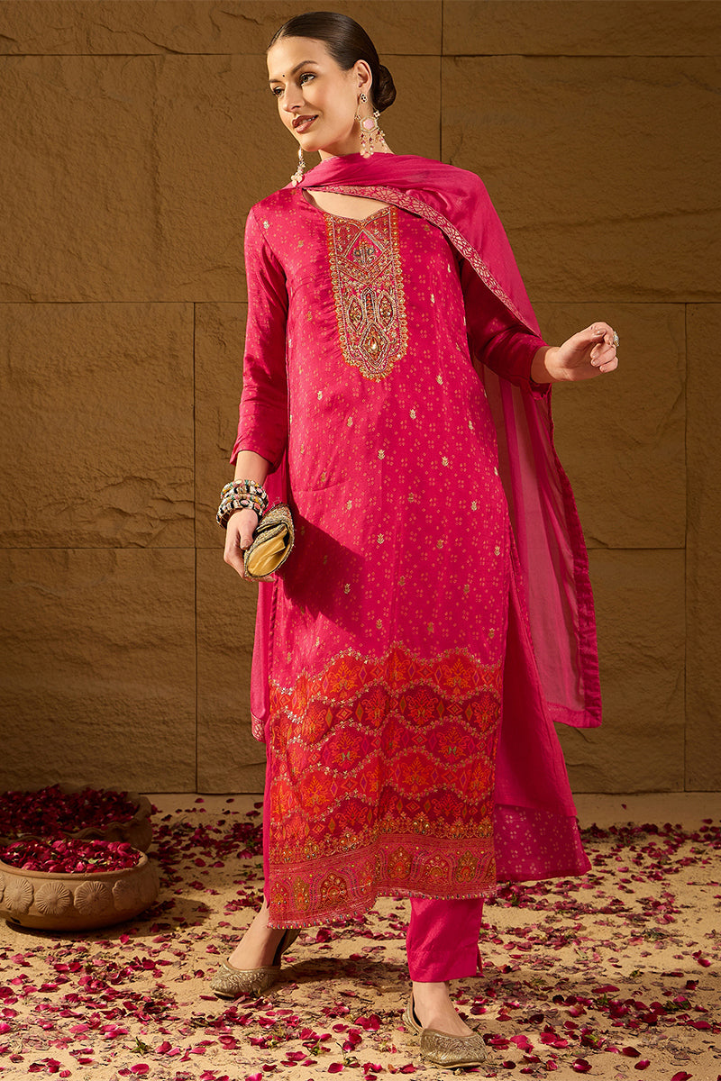 Pink Pure Silk Ethnic Motifs Woven Design Straight Suit Sets HOPPKSKD2