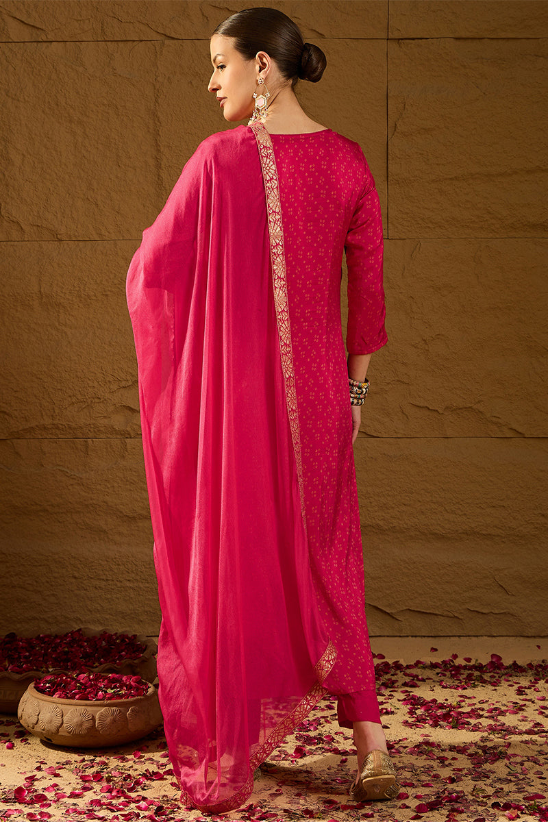 Pink Pure Silk Ethnic Motifs Woven Design Straight Suit Sets HOPPKSKD2