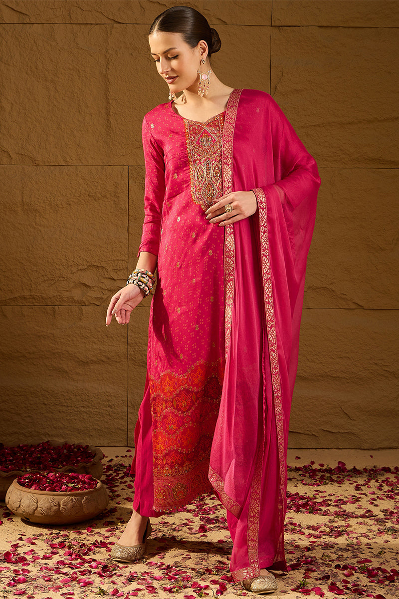 Pink Pure Silk Ethnic Motifs Woven Design Straight Suit Sets HOPPKSKD2