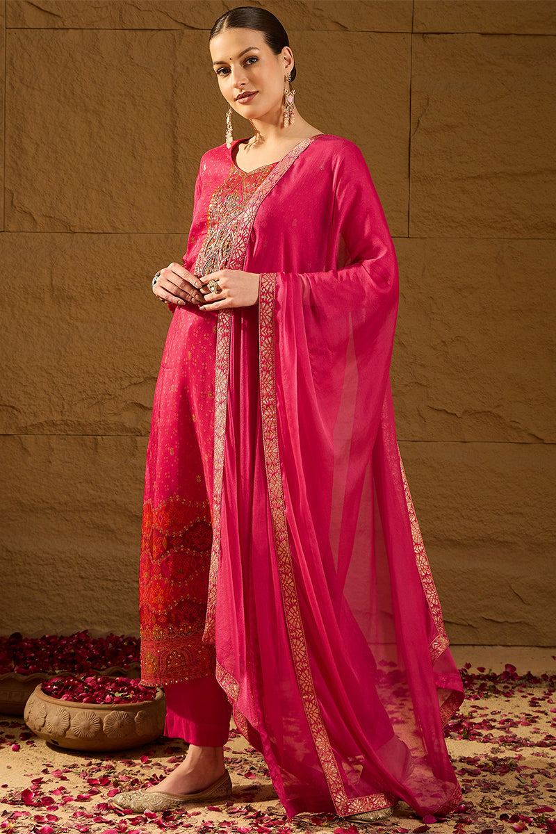 Pink Pure Silk Ethnic Motifs Woven Design Straight Suit Sets HOPPKSKD2