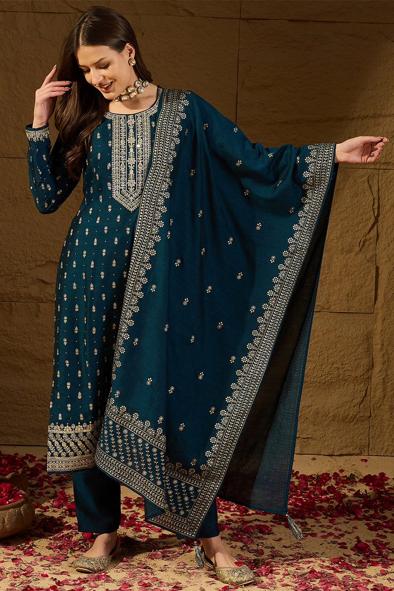 Teal Silk Blend Embroidered Straight Kurta Trouser With Dupatta HOPPKS