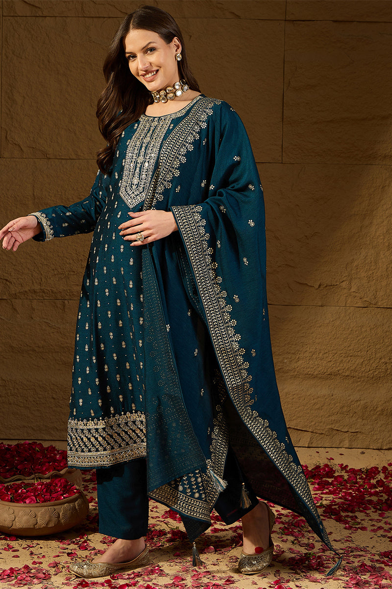 Teal Silk Blend Embroidered Straight Kurta Trouser With Dupatta HOPPKS