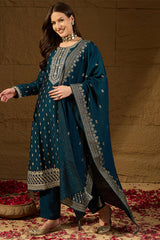 Teal Silk Blend Embroidered Straight Kurta Trouser With Dupatta HOPPKSKD2851