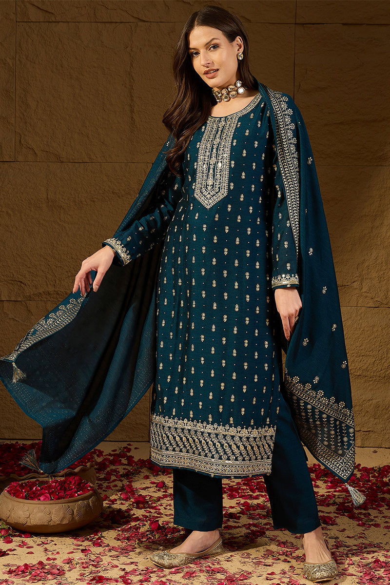 Teal Silk Blend Embroidered Straight Kurta Trouser With Dupatta HOPPKS
