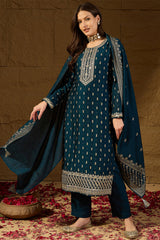 Teal Silk Blend Embroidered Straight Kurta Trouser With Dupatta HOPPKSKD2851