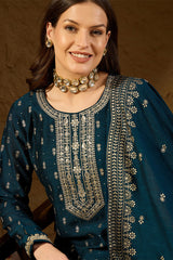 Teal Silk Blend Embroidered Straight Kurta Trouser With Dupatta HOPPKSKD2851