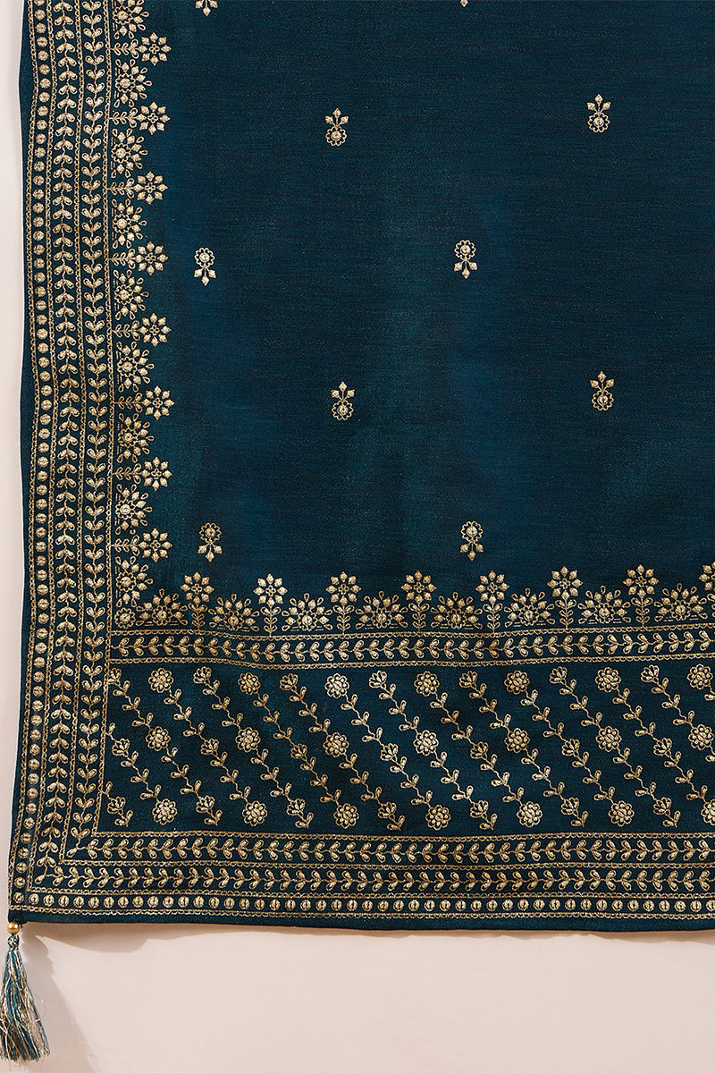 Teal Silk Blend Embroidered Straight Kurta Trouser With Dupatta HOPPKS