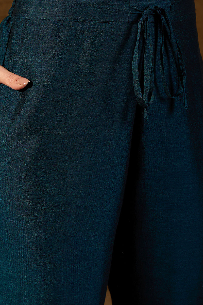 Teal Silk Blend Embroidered Straight Kurta Trouser With Dupatta HOPPKS