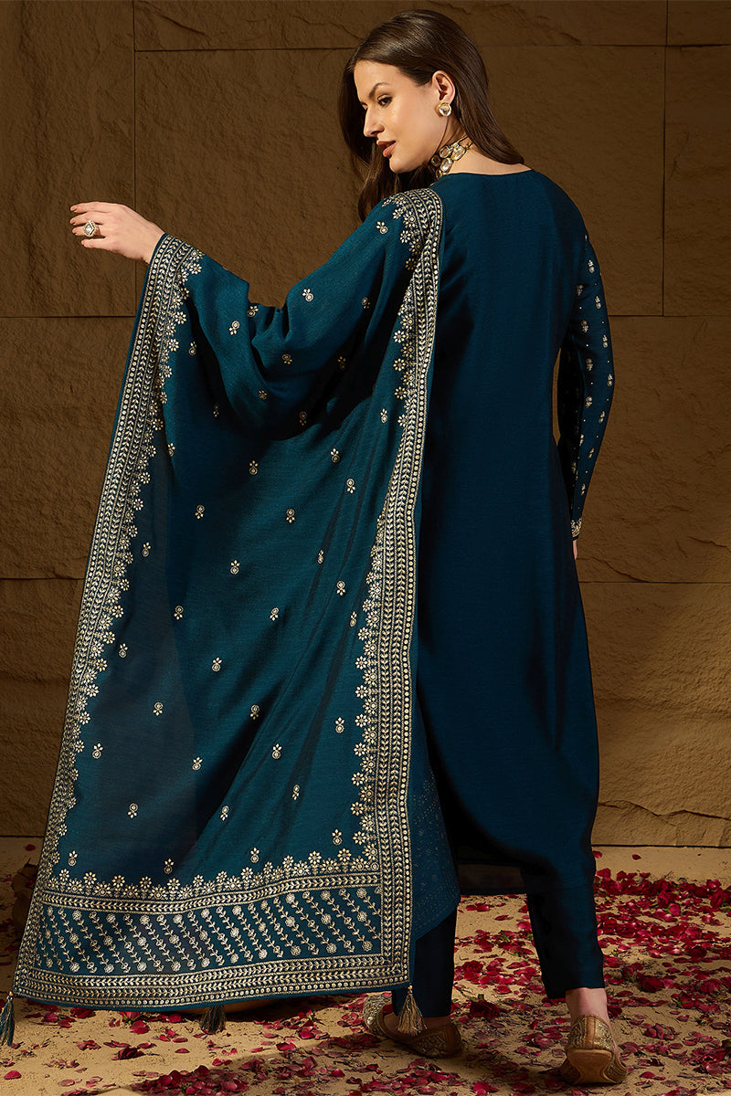 Teal Silk Blend Embroidered Straight Kurta Trouser With Dupatta HOPPKS