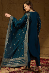 Teal Silk Blend Embroidered Straight Kurta Trouser With Dupatta HOPPKSKD2851