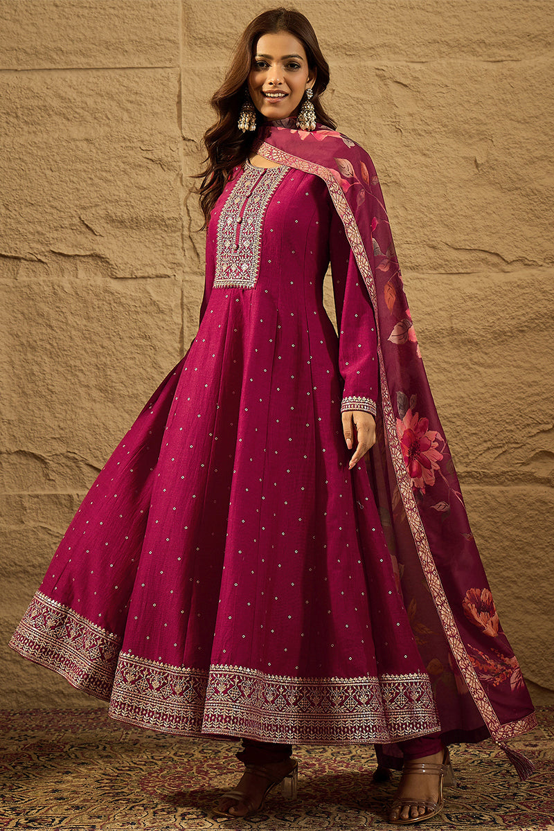 Maroon Pure Silk Bandhani Embroidered Anarkali Suit Sets HOPPKSKD2852 