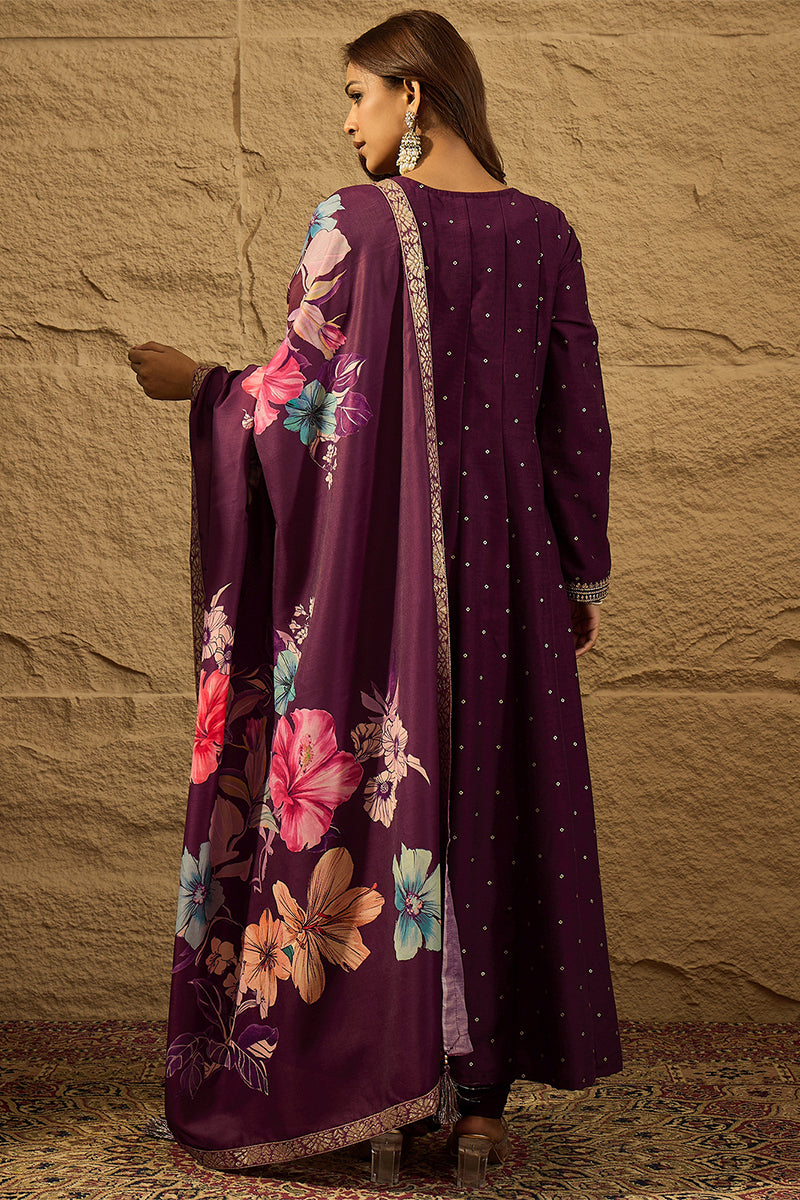 Purple Pure Silk Bandhani Embroidered Anarkali Suit Sets HOPPKSKD2853 
