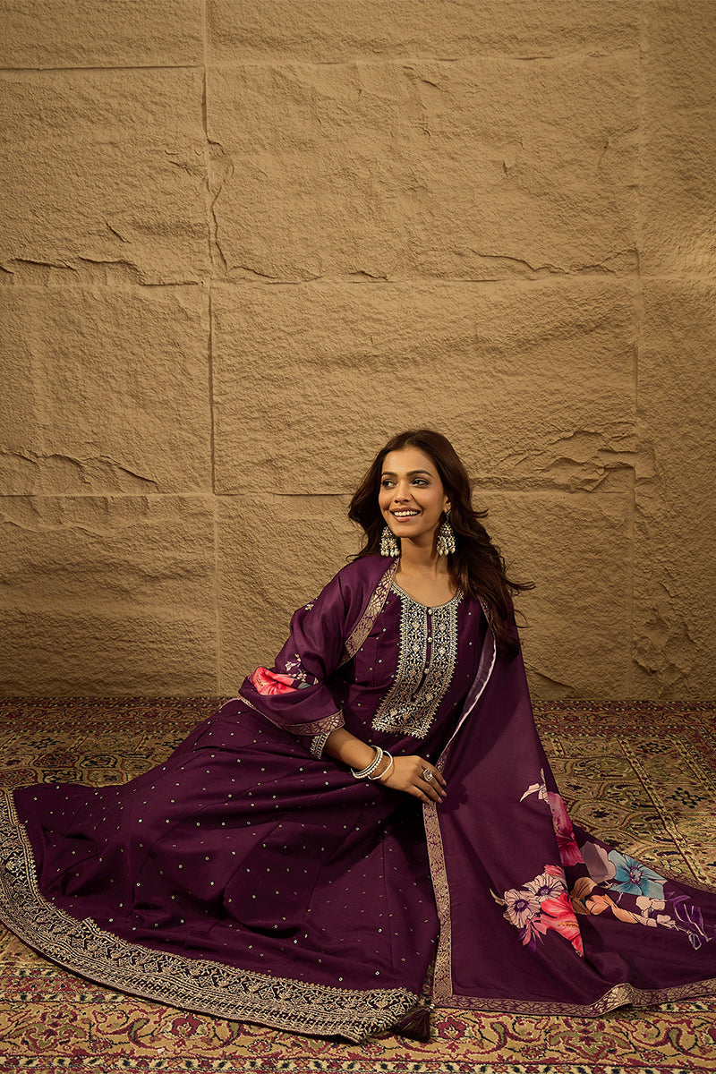 Purple Pure Silk Bandhani Embroidered Anarkali Suit Sets HOPPKSKD2853 