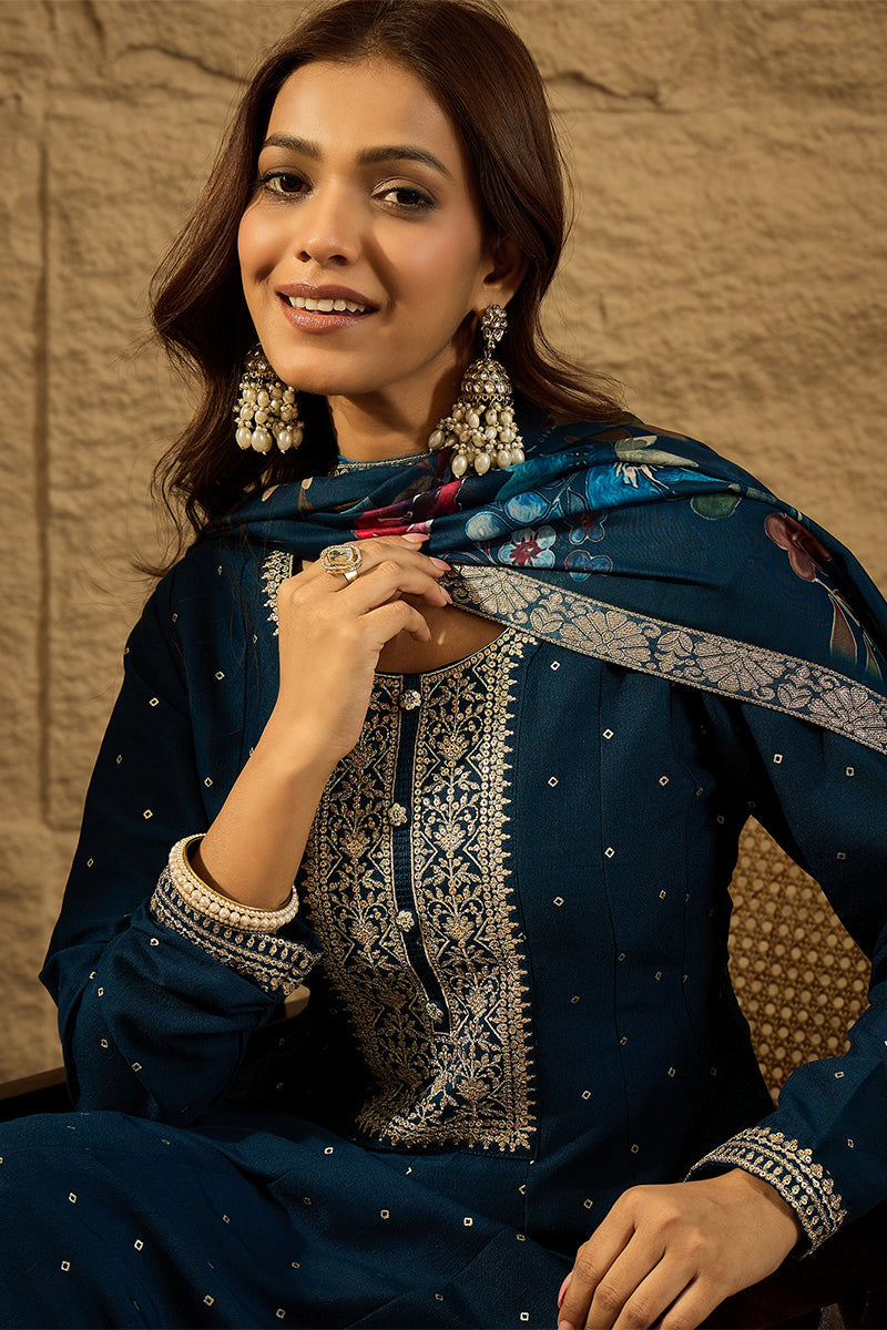 Blue Pure Silk Bandhani Embroidered Anarkali Suit Sets HOPPKSKD2854 | 
