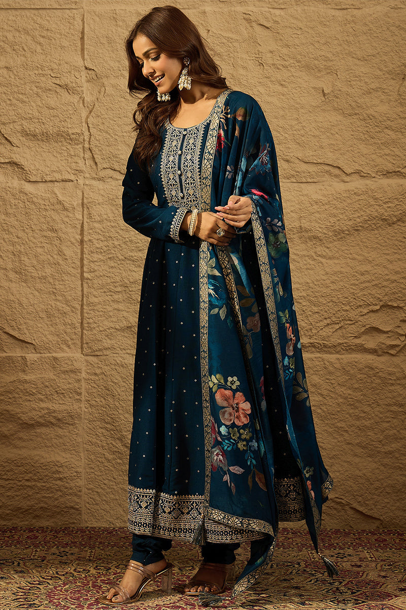 Blue Pure Silk Bandhani Embroidered Anarkali Suit Sets HOPPKSKD2854 | 