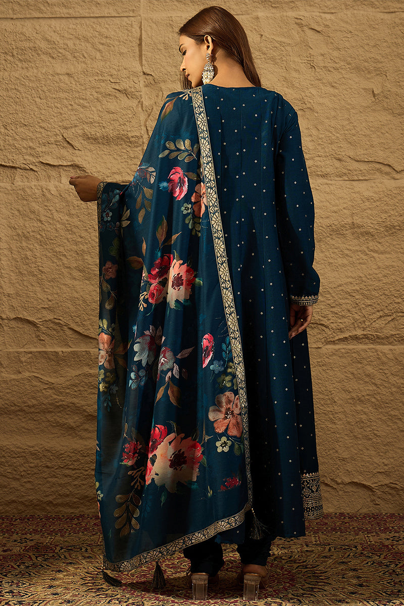Blue Pure Silk Bandhani Embroidered Anarkali Suit Sets HOPPKSKD2854 | 