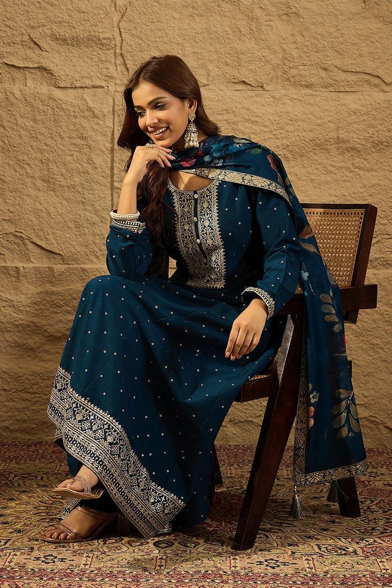 Blue Pure Silk Bandhani Embroidered Anarkali Suit Sets HOPPKSKD2854 | 