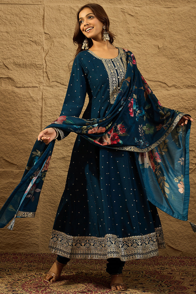 Blue Pure Silk Bandhani Embroidered Anarkali Suit Sets HOPPKSKD2854 | 
