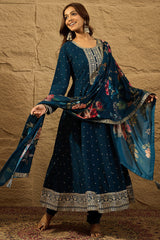 Blue Pure Silk Bandhani Embroidered Anarkali Suit Sets HOPPKSKD2854