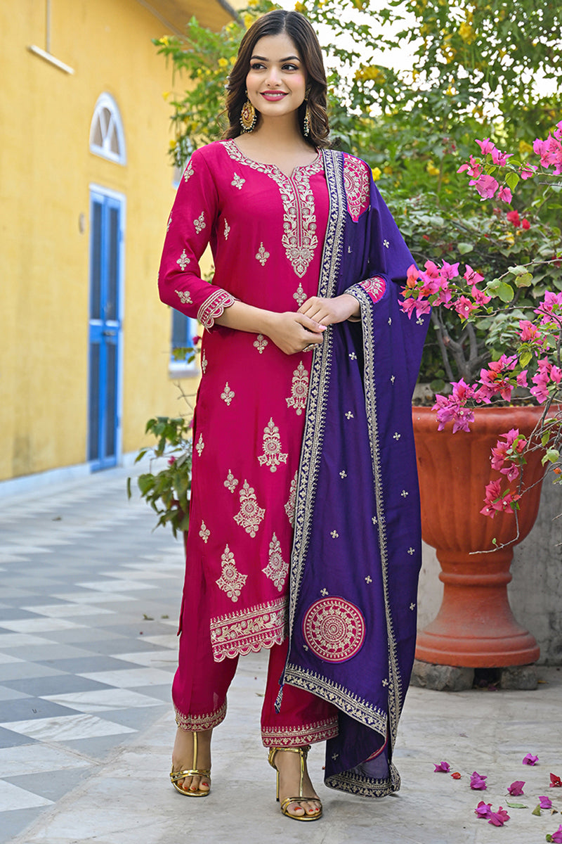 Pink Silk Blend Solid Embroidered Straight Trouser Suit Set PKSKD2856 