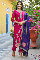 Pink Silk Blend Solid Embroidered Straight Trouser Suit Set PKSKD2856