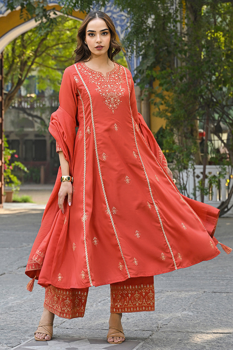 Orange Silk Blend Solid Embroidered Anarkali Palazzo Suit Set PKSKD285
