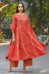 Orange Silk Blend Solid Embroidered Anarkali Palazzo Suit Set PKSKD2858