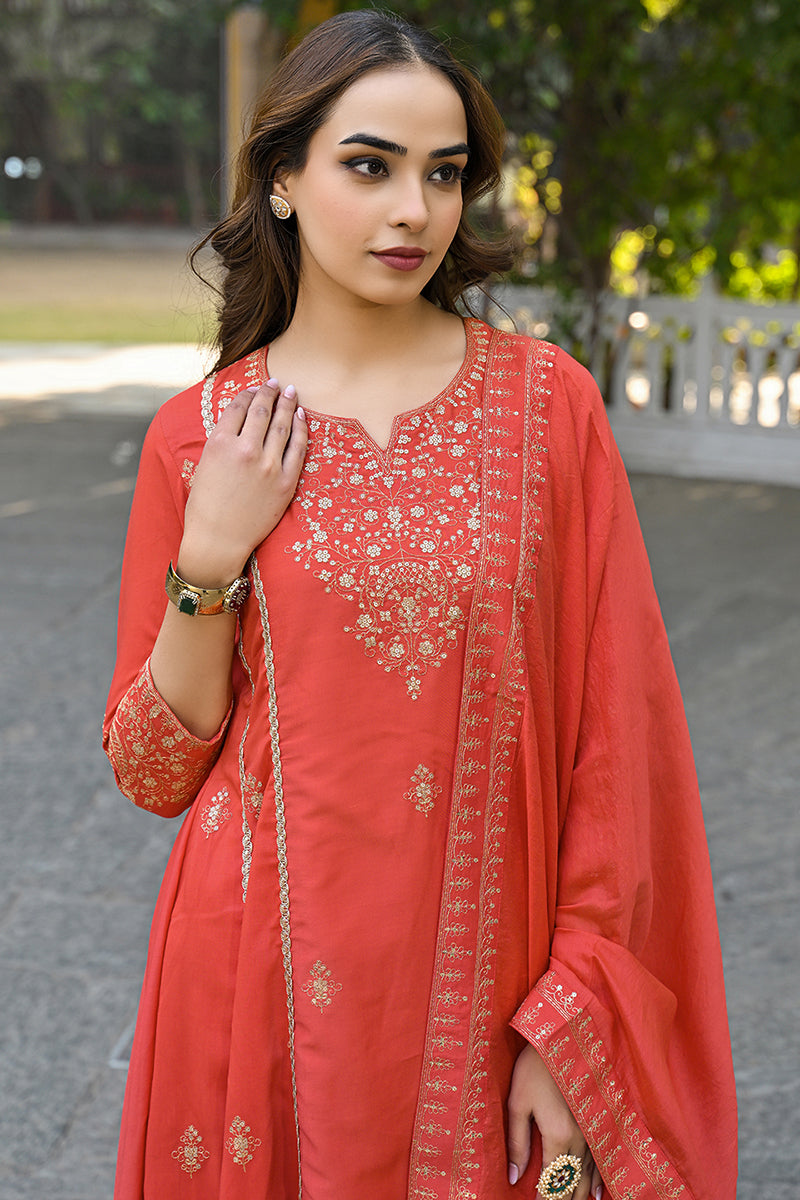 Orange Silk Blend Solid Embroidered Anarkali Palazzo Suit Set PKSKD285