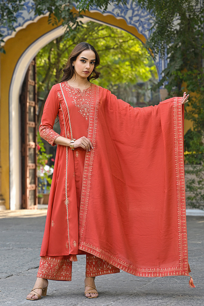 Orange Silk Blend Solid Embroidered Anarkali Palazzo Suit Set PKSKD285