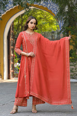 Orange Silk Blend Solid Embroidered Anarkali Palazzo Suit Set PKSKD2858